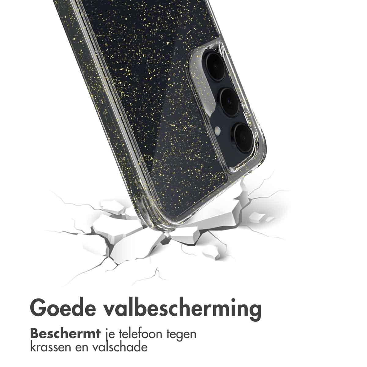 Telefoonhoesje met een zwart glitterpatroon. Afbeelding toont bescherming tegen impact.