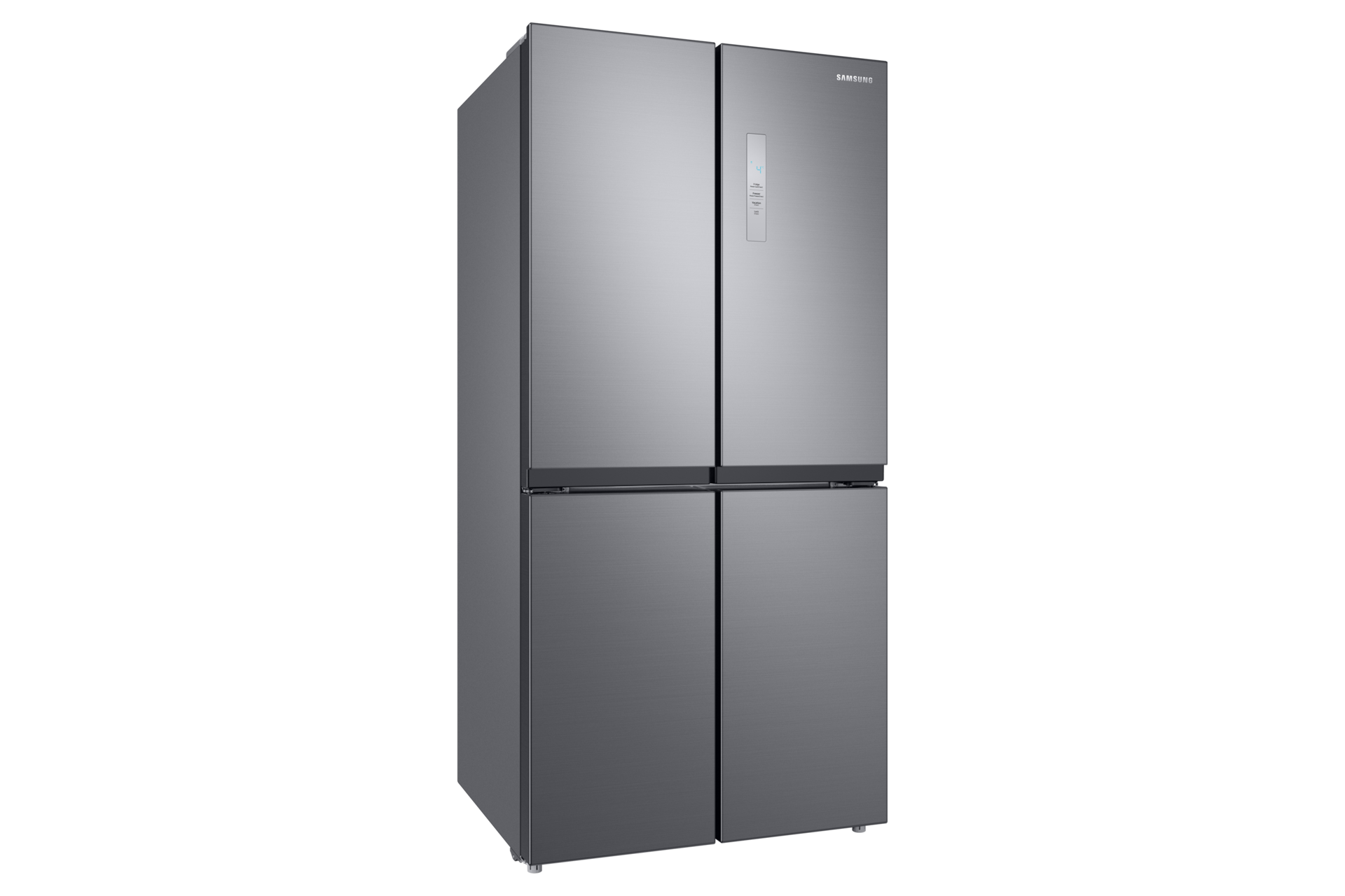 Czterodrzwiowa srebrna lodówka Samsung. Tło jest ciemne.