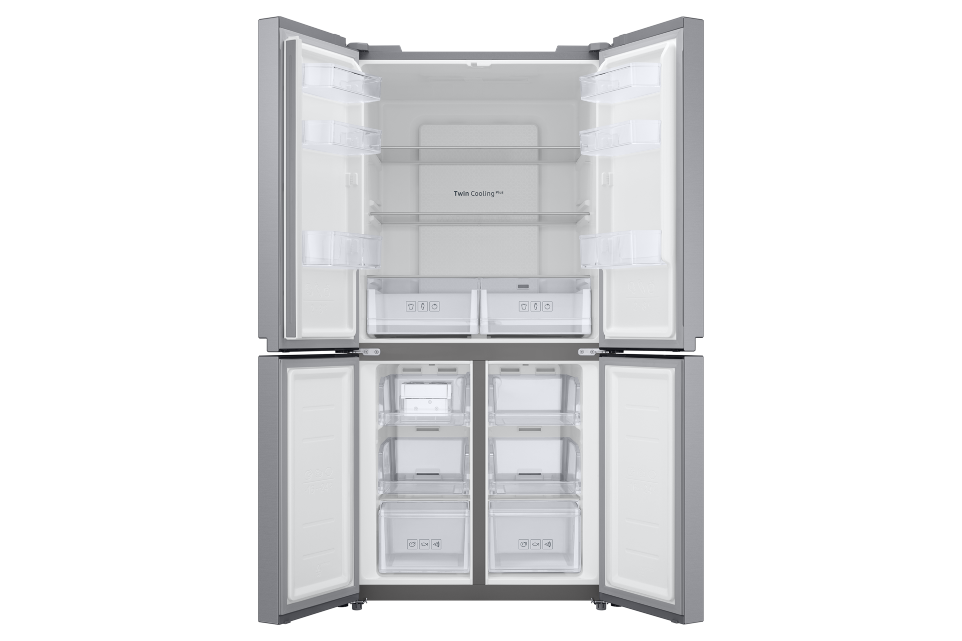 Lodówka z otwartymi drzwiami, pokazująca wiele półek i szuflad w środku.