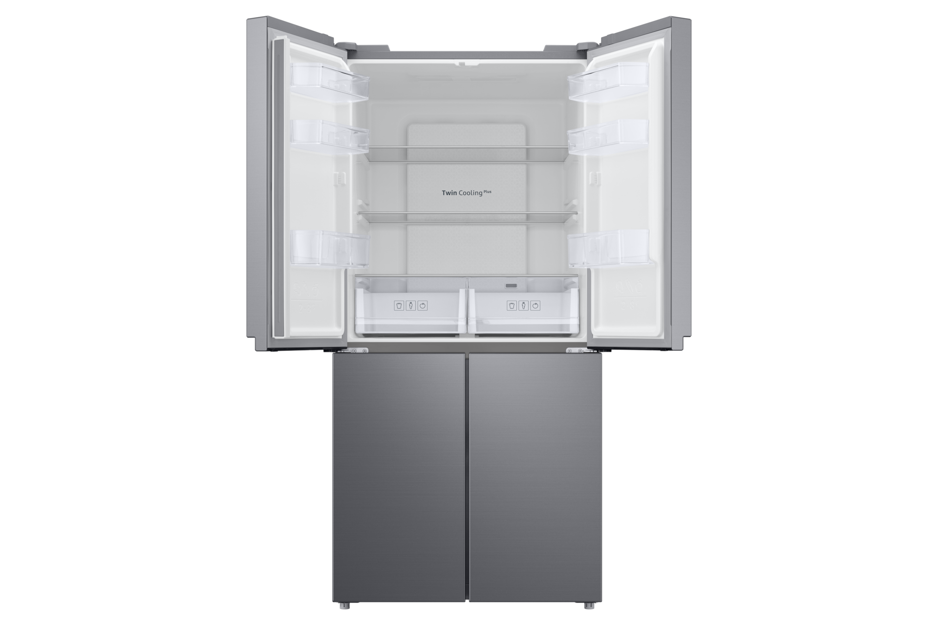 Wnętrze srebrnoszarej lodówki, z półkami, szufladami i podwójnym systemem chłodzenia.