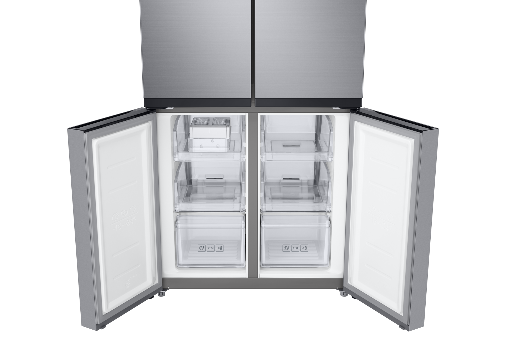 Otwarta lodówka z czterema sekcjami. Widoczne górne drzwi, szuflady i półki.