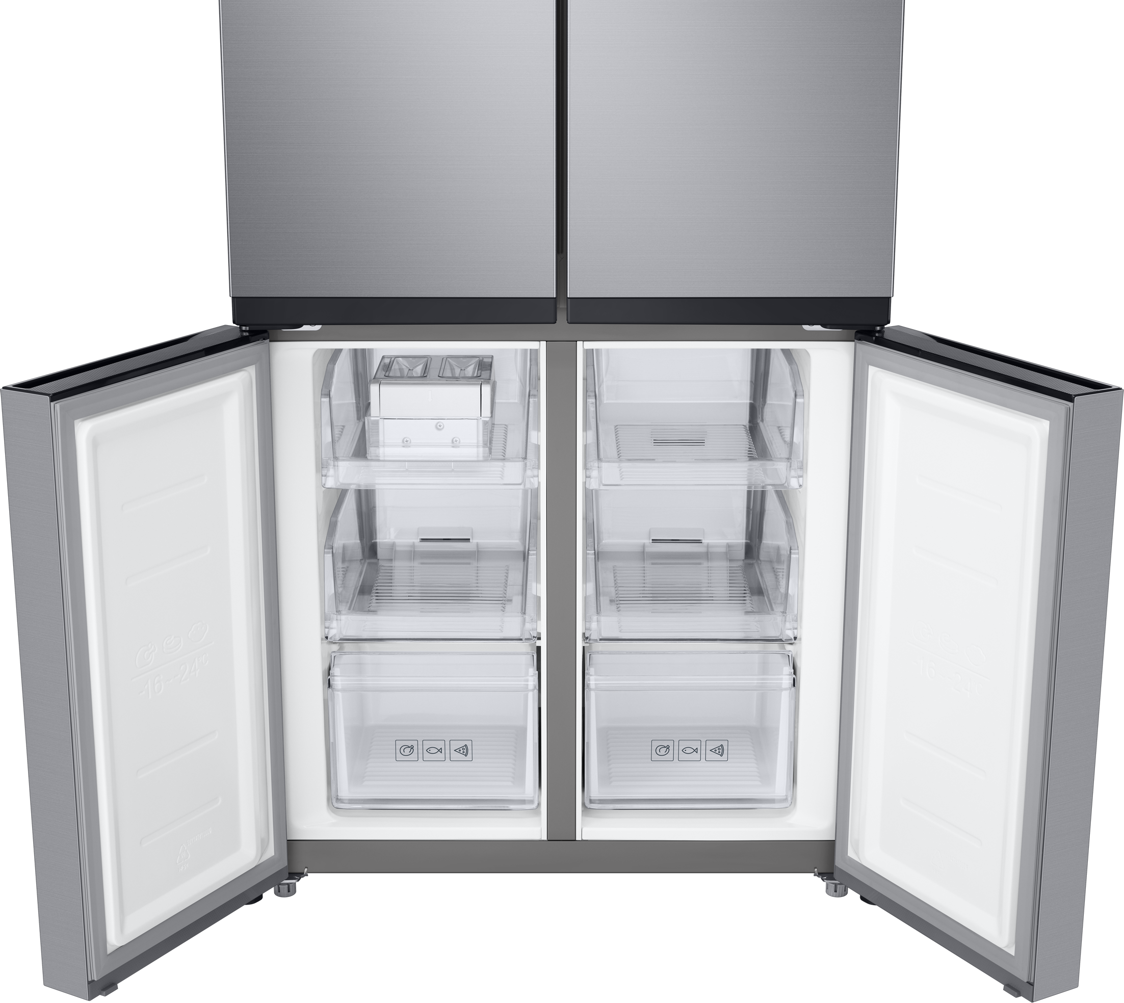 Lodówka z otwartymi dwoma drzwiami. Przezroczyste szuflady i półki są widoczne wewnątrz. Czarne tło.