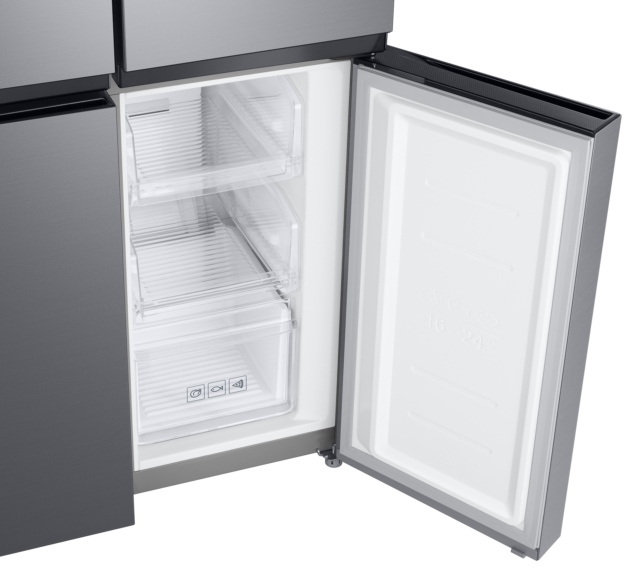 Lodówka z otwartymi drzwiami zamrażarki. Widoczne są trzy przezroczyste szuflady wewnątrz zamrażarki. Drzwi są otwarte.