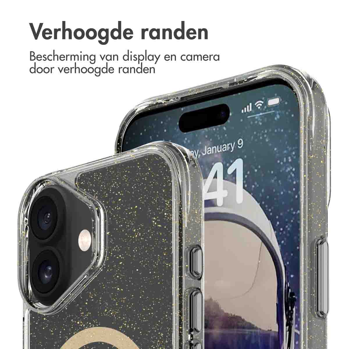 Close-up van een telefoonhoesje met verhoogde randen, dat een telefoon met een scherm met een kalender beschermt.