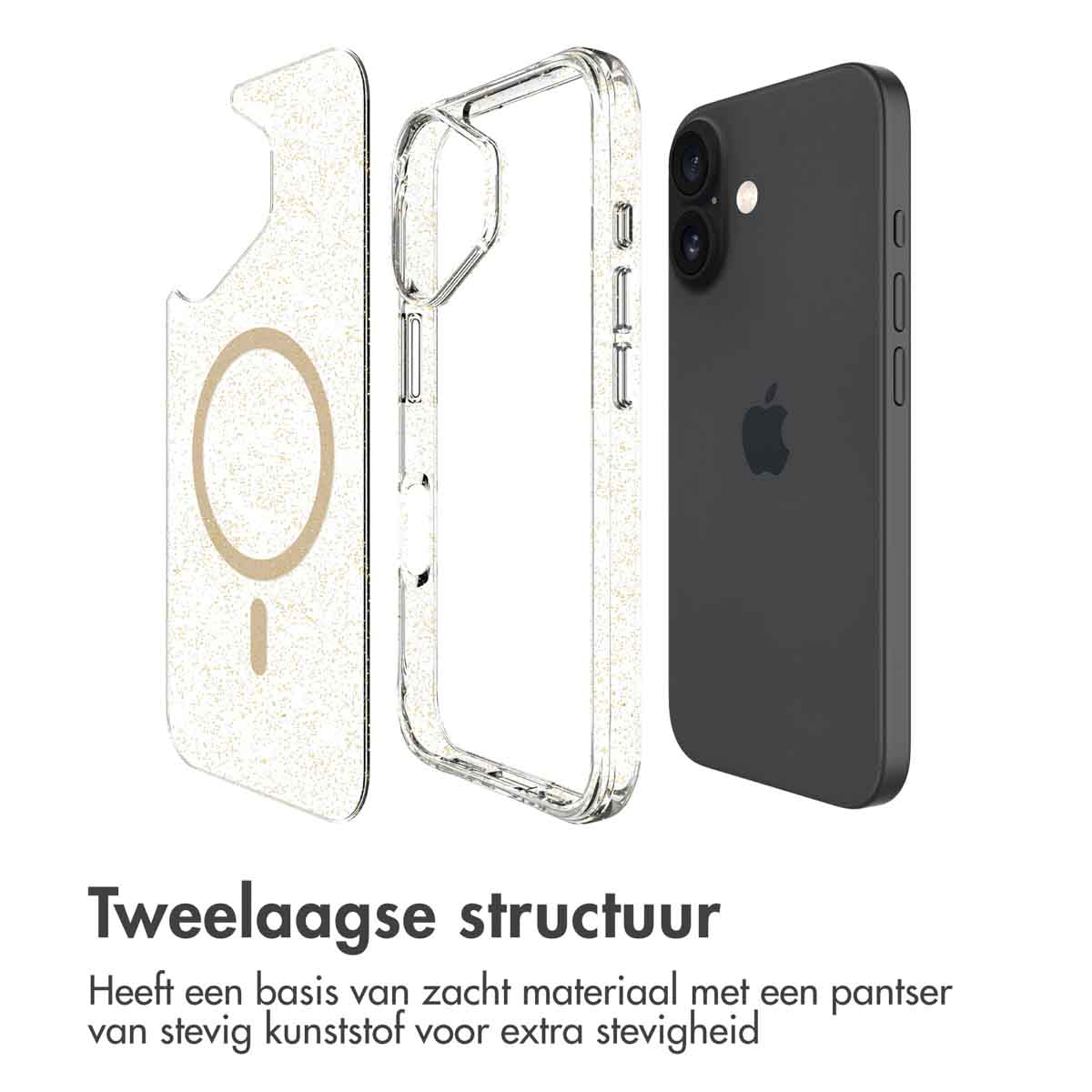 IMOSHION Glitter Backcover met MagSafe 2.0 - Geschikt voor Apple iPhone 16 - Telefoonhoesje voor Apple iPhone 16 Goud