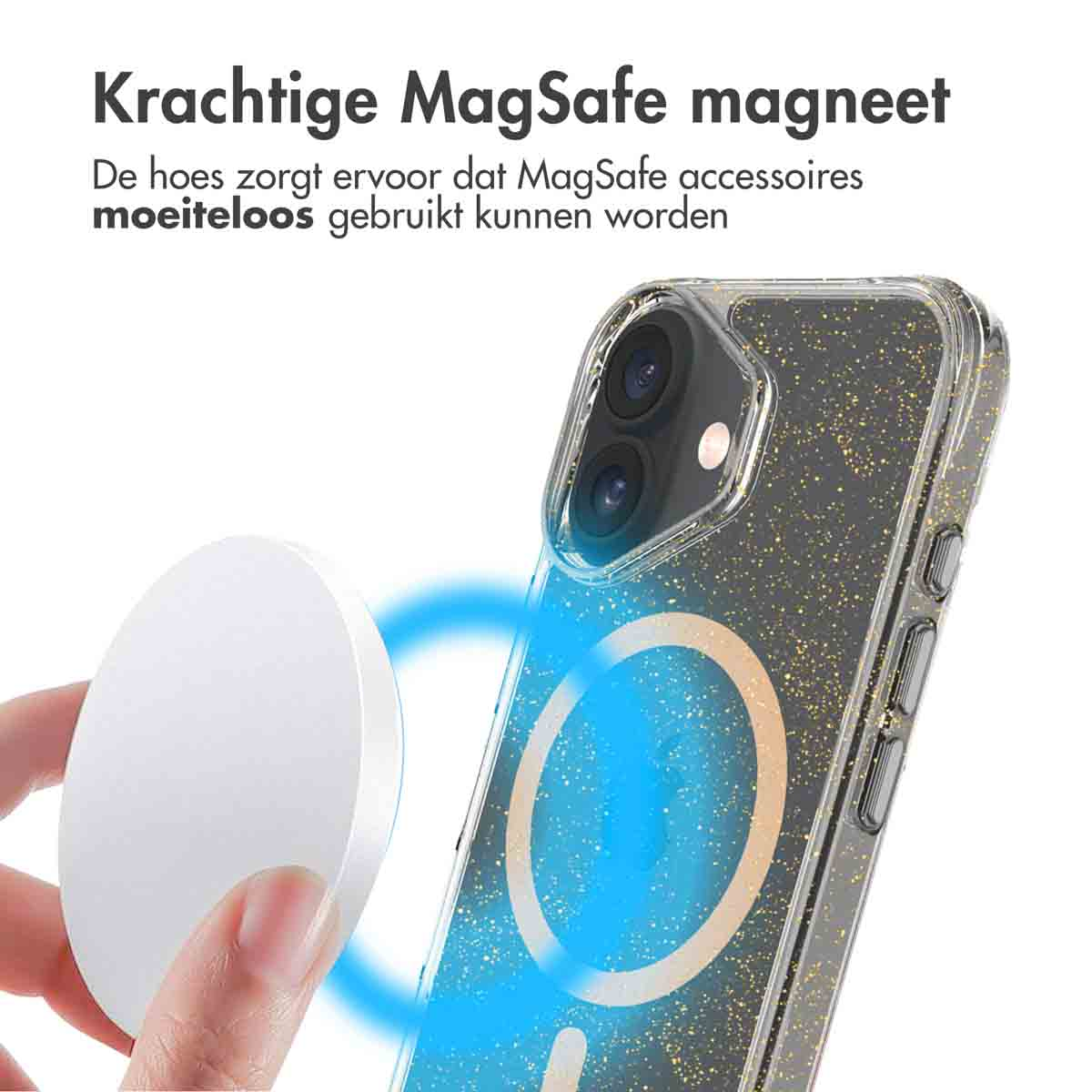 Een telefoon in een hoesje met een MagSafe-magneet. De telefoon wordt door een hand vastgehouden.