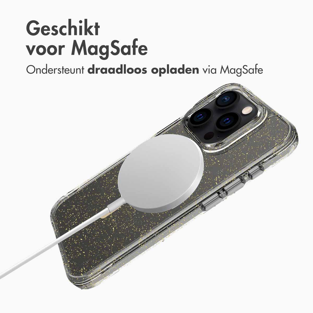 Un iPhone avec chargeur MagSafe attaché, texte ci-dessus : Convient pour MagSafe. Prend en charge la charge sans fil via MagSafe.