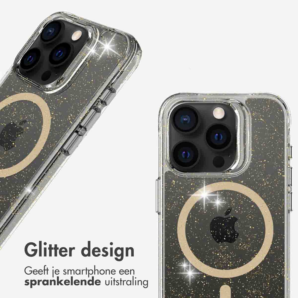 Gros plan sur une coque de téléphone transparente avec des paillettes et un anneau MagSafe doré.