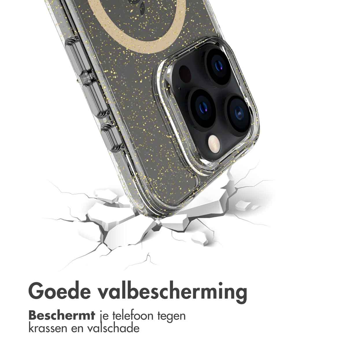 Téléphone dans un étui sur un sol fissuré. Étui transparent avec paillettes dorées. Texte 'Bonne protection contre les chutes'.