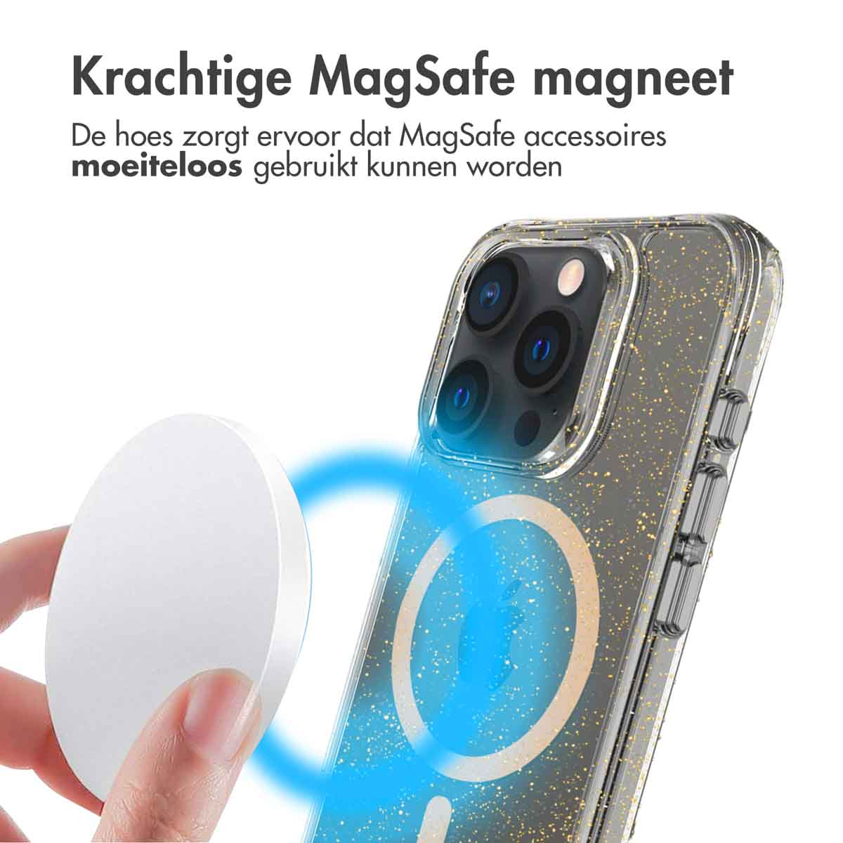 Gros plan sur un téléphone et un chargeur MagSafe blanc, avec des lignes bleues indiquant le champ magnétique.