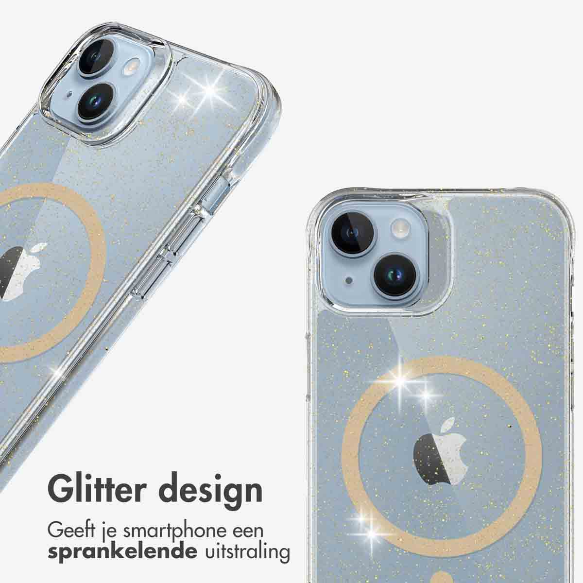 Deux coques de téléphone avec motif pailleté, une en biais, une droite. Les deux ont le logo Apple.
