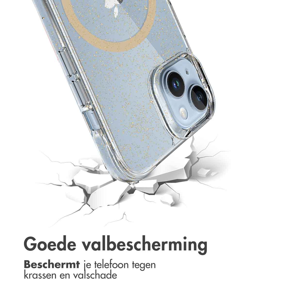 Un téléphone avec une coque transparente. La coque est sur une surface fissurée.