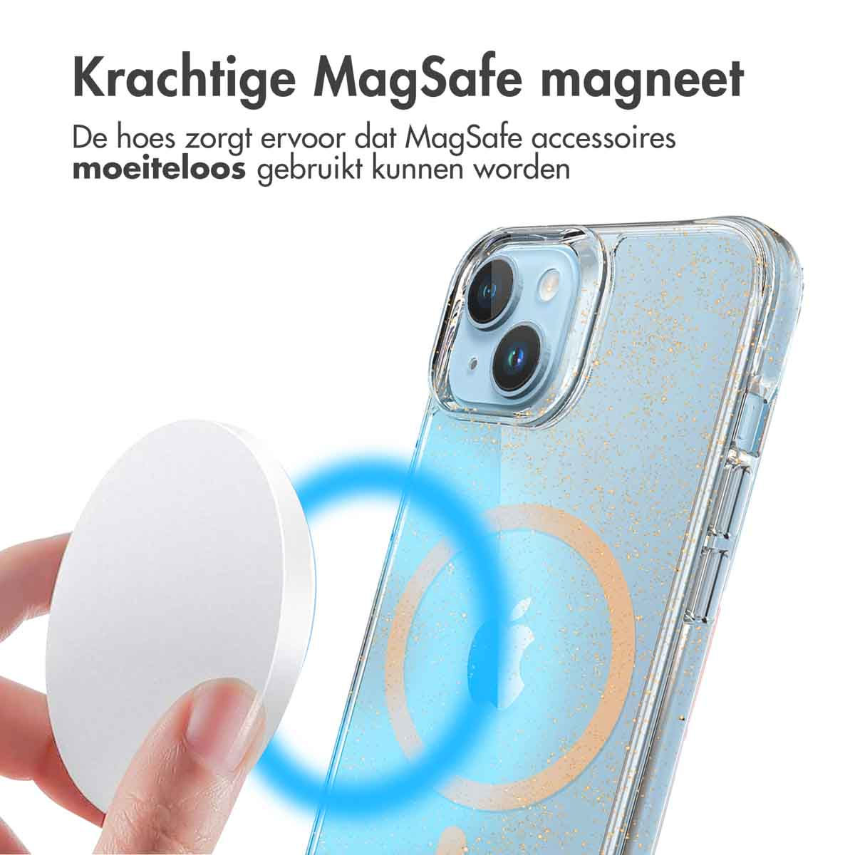 Téléphone dans un étui avec MagSafe. Cercle blanc au dos. Main tenant un chargeur MagSafe blanc.