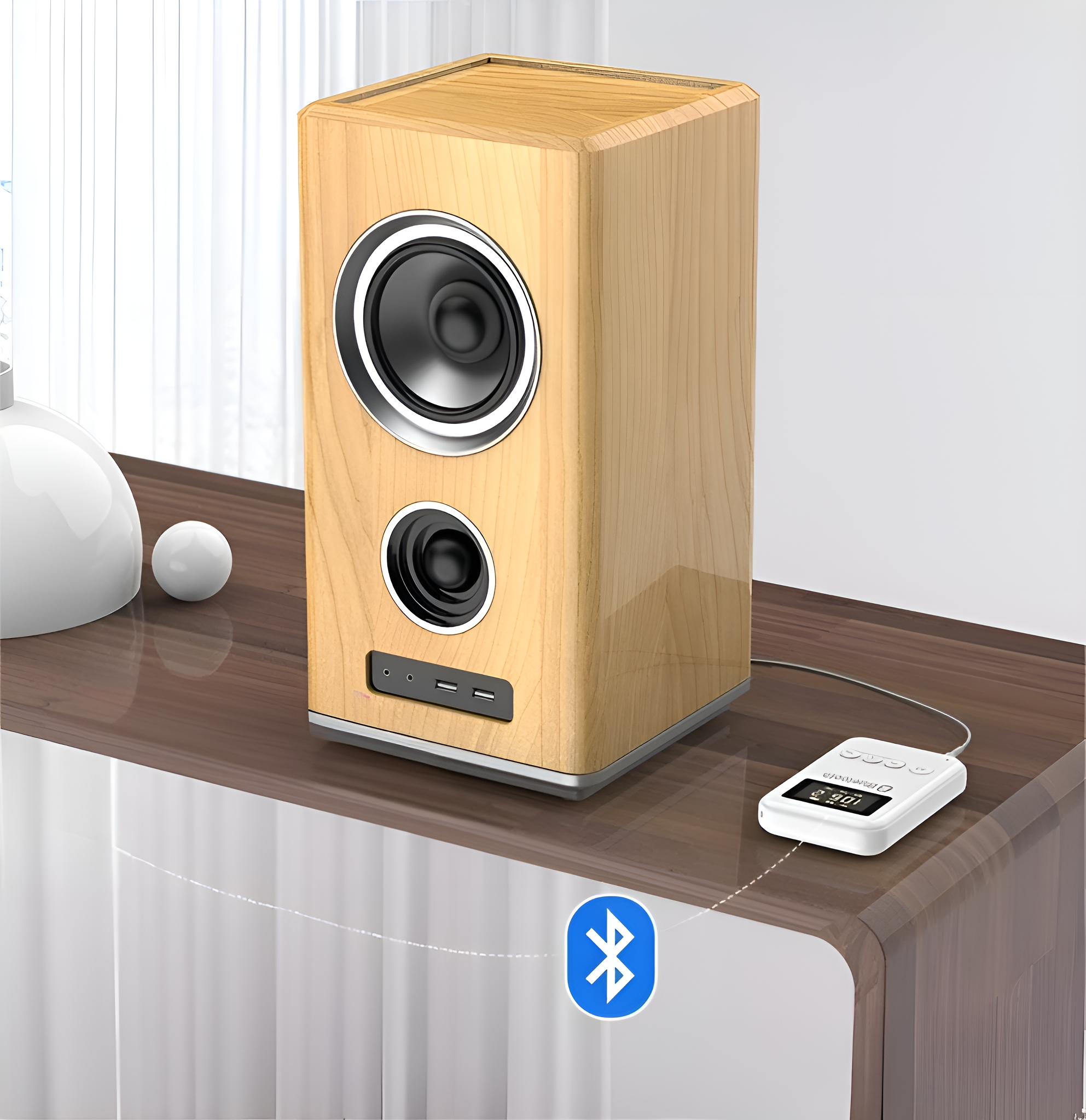 Holzlautsprecher mit zwei Lautsprechern und Bedienfeld. Bluetooth-Symbol und Kabelanschluss.