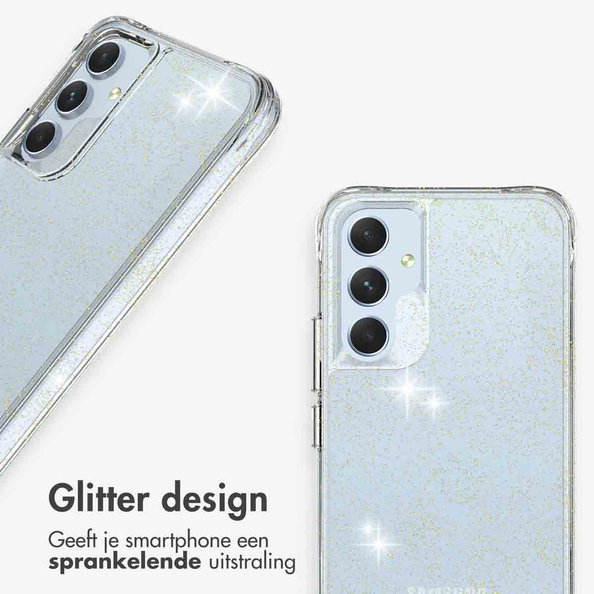 Due custodie per telefono con design glitterato e testo, su sfondo bianco.