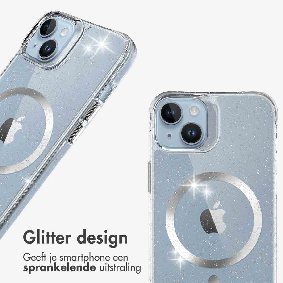 Deux coques d'iPhone avec un design pailleté, montrant un fond clair.