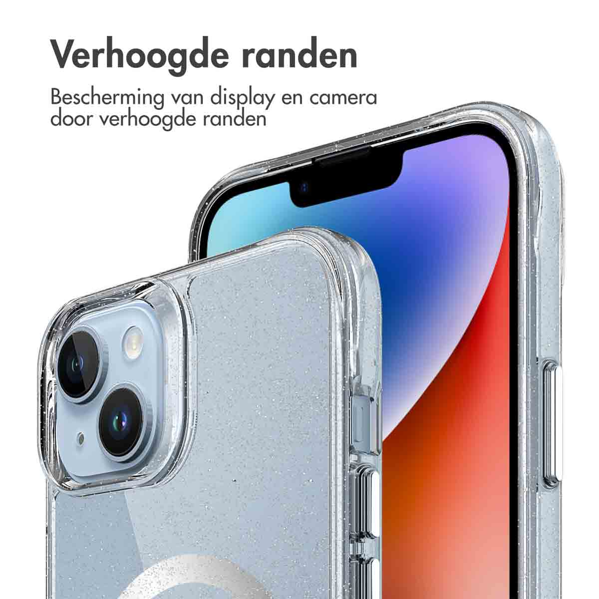 Gros plan sur une coque de téléphone montrant des bords surélevés. Le texte dit 'Bords surélevés', protégeant l'écran.
