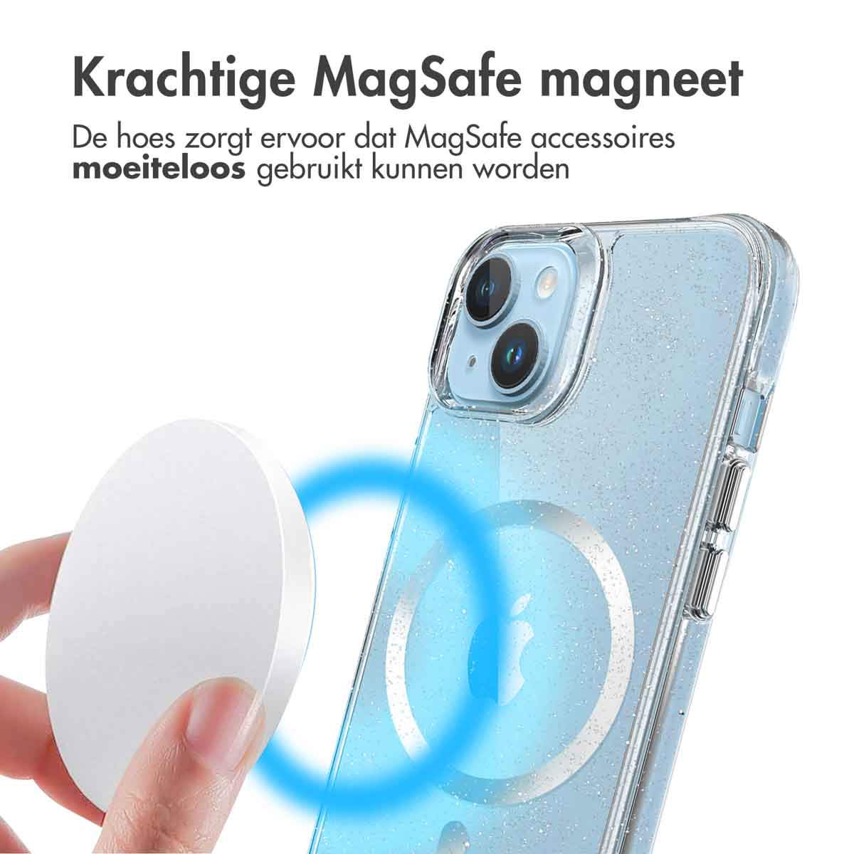 Main tenant un disque magnétique blanc près d'un téléphone. Le téléphone est dans un étui transparent.