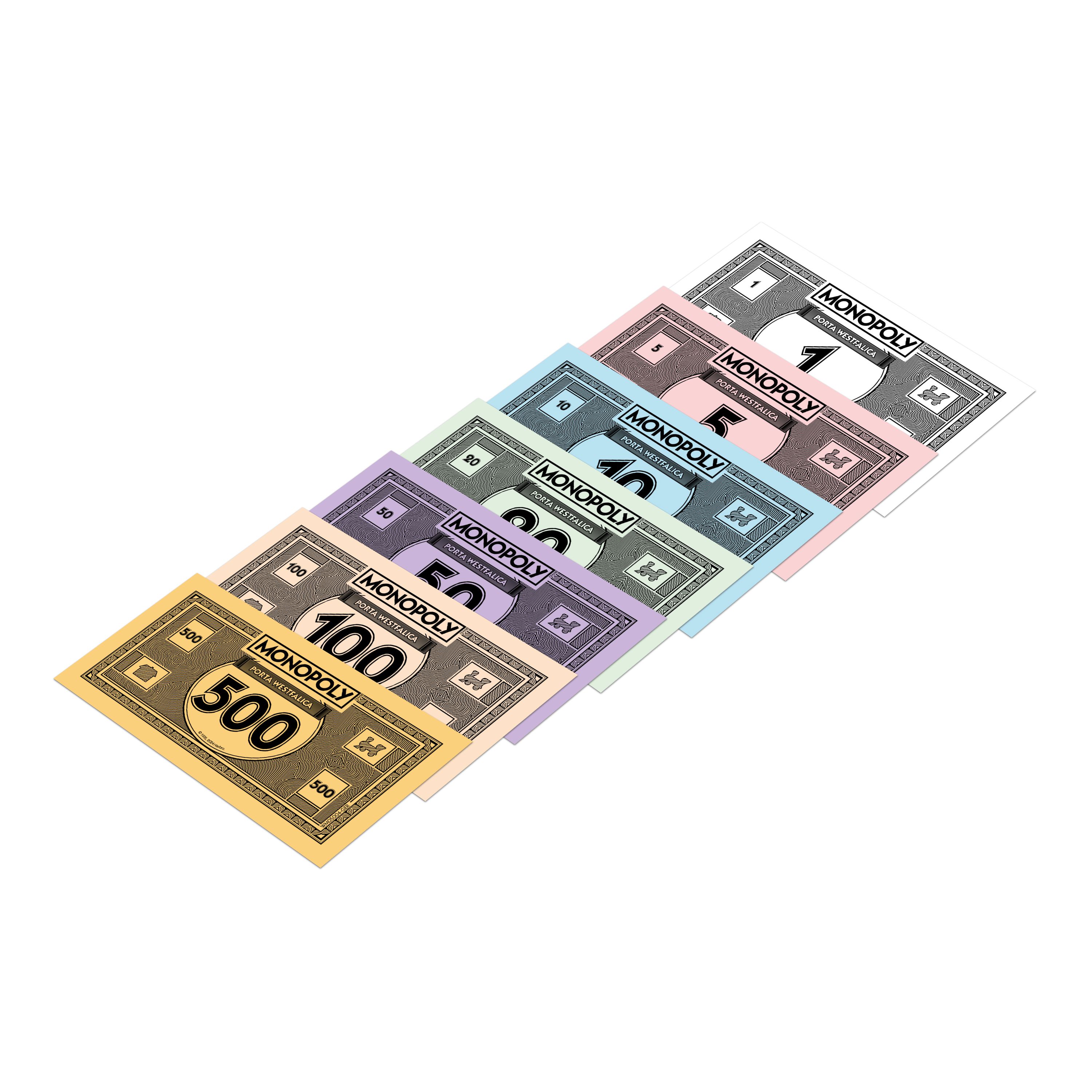 Ein Satz Monopoly-Geld in verschiedenen Stückelungen, schräg angeordnet. Weißer Hintergrund.