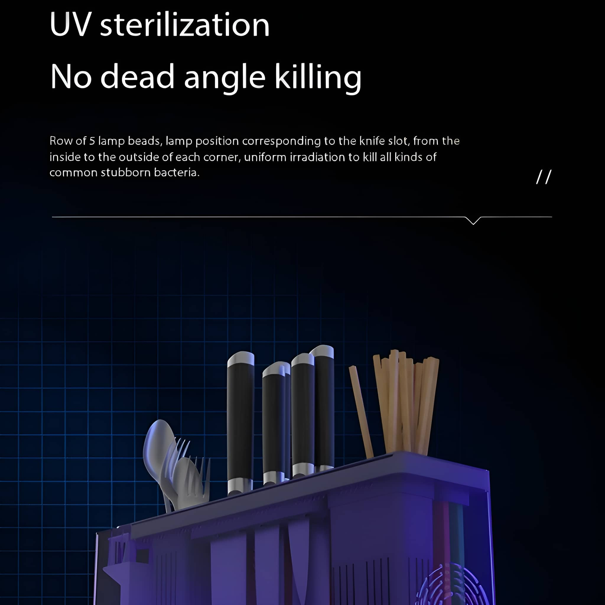 Ein UV-Sterilisator mit Messern und Utensilien. Der Text lautet UV-Sterilisation und keine Totwinkelabtötung.