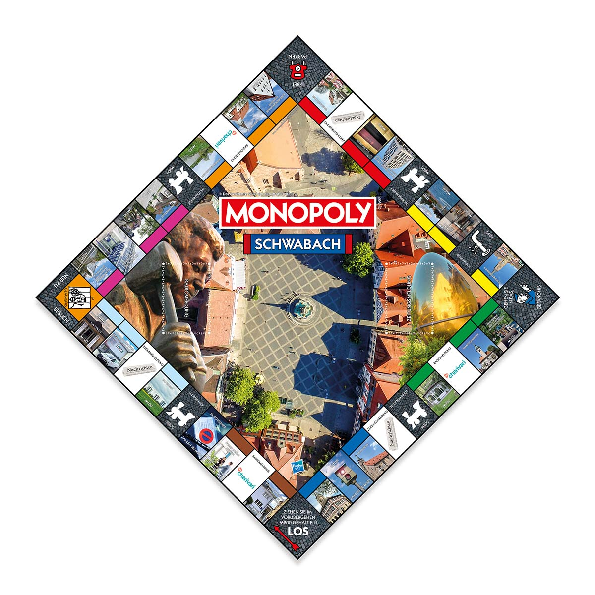 Monopoly-Spielbrett mit Schwabach-Motiv. Mitte zeigt Stadtbild. Ecken sind thematische Bilder.