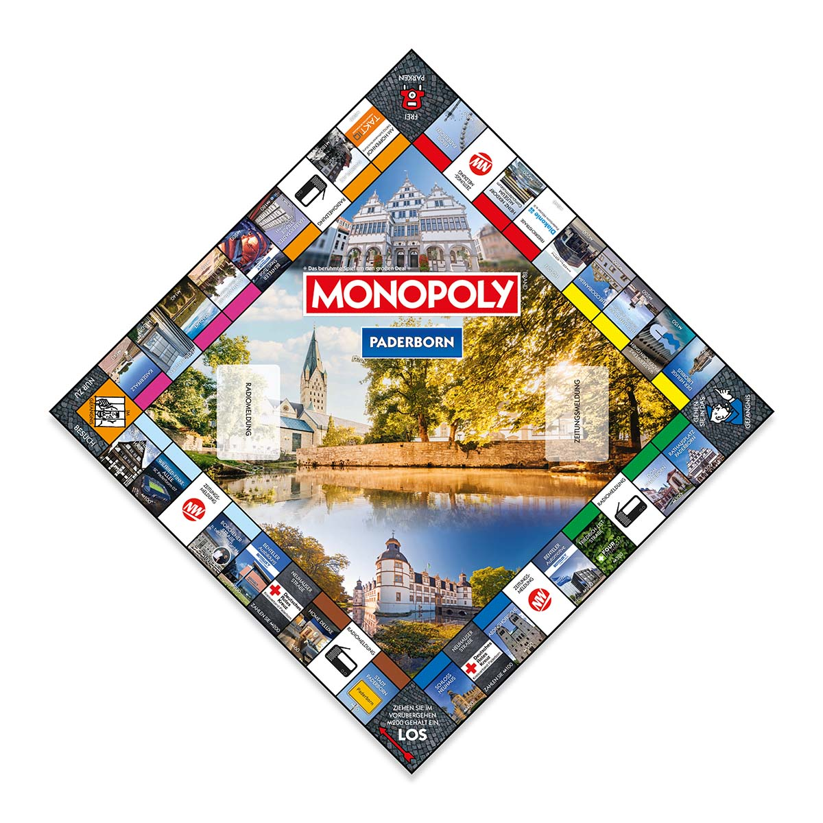 Monopoly-Spielbrett für Paderborn, mit Stadtansichten und einem zentralen Stadtbild.