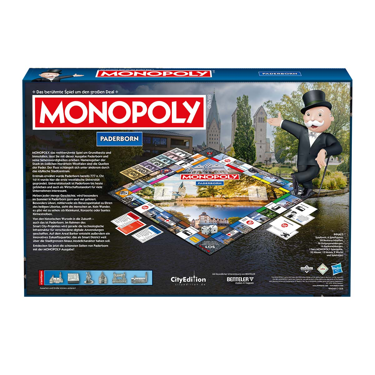 Monopoly Brettspiel-Box mit Brett und Figuren sichtbar. Paderborn City Edition.