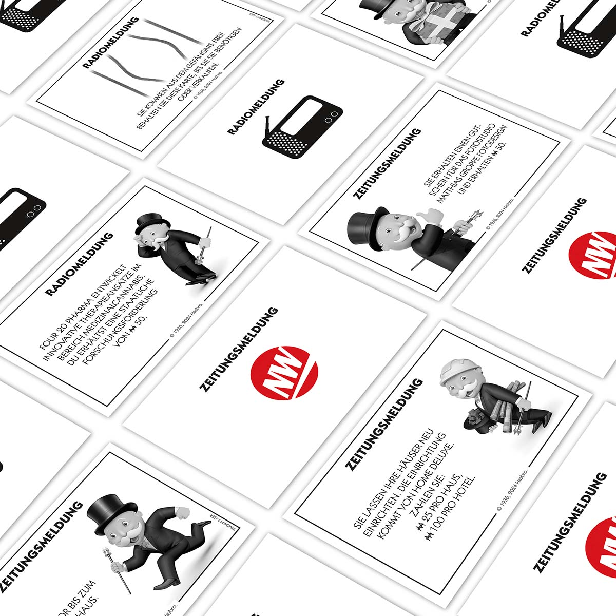 Monopoly-Spielkarten, verschiedene Bilder mit Text und Figuren, Schwarzweiß, auf weißem Hintergrund.