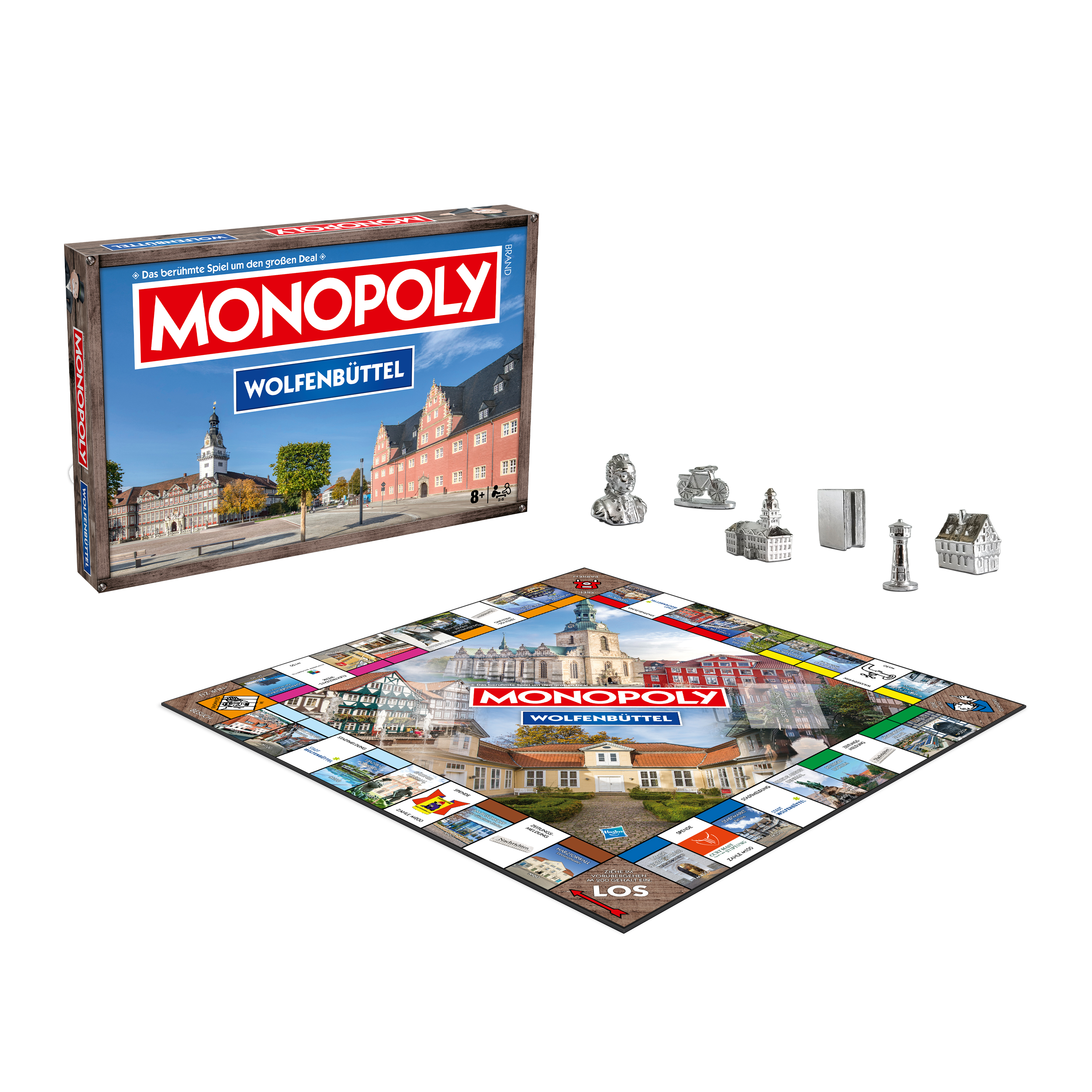 Monopoly-Brettspielkasten und Spielbrett mit Stadtbildern und Spielfiguren.