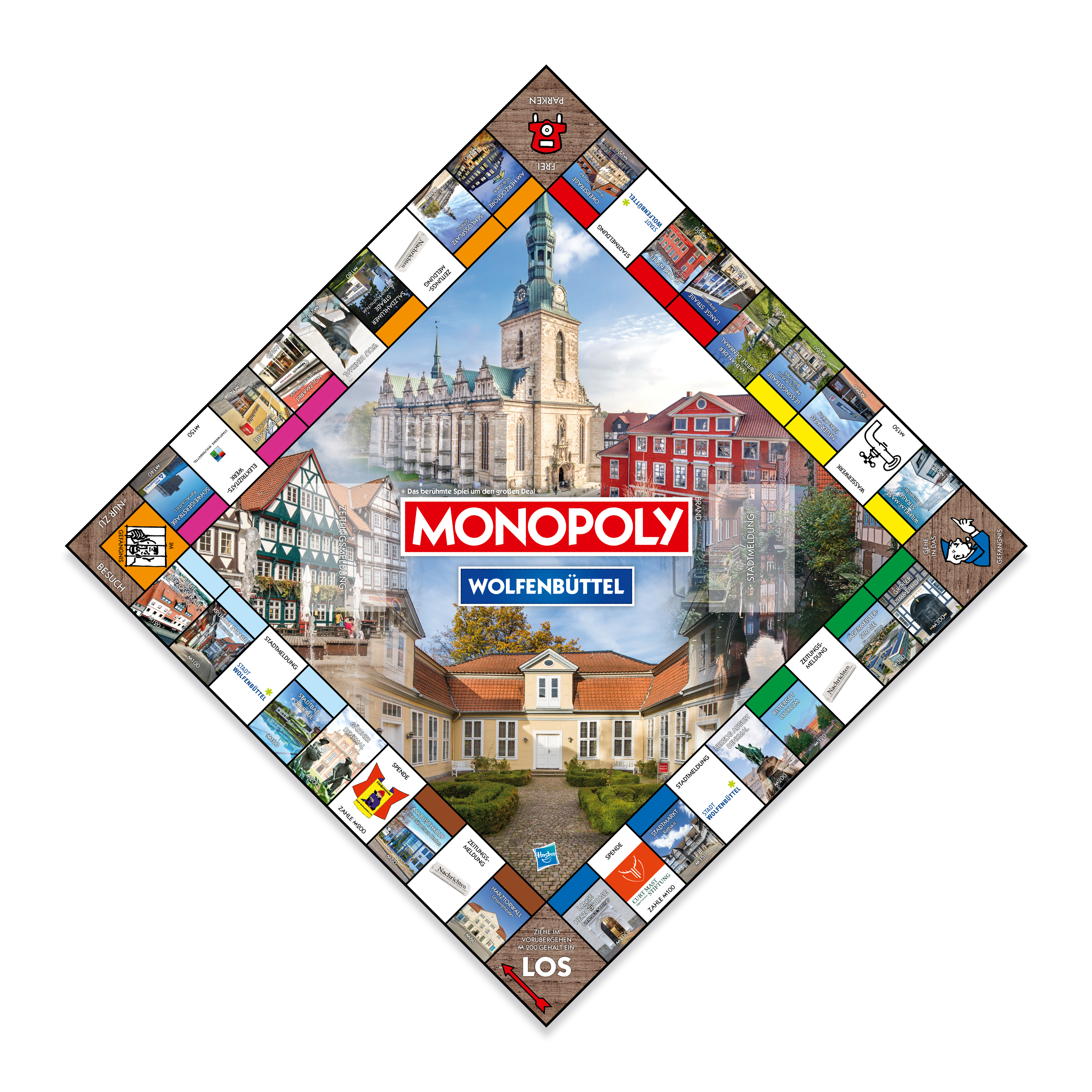 Monopoly-Spielbrett in Diamantform mit Wolfenbüttel. Das Brett umgibt ein zentrales Bild.