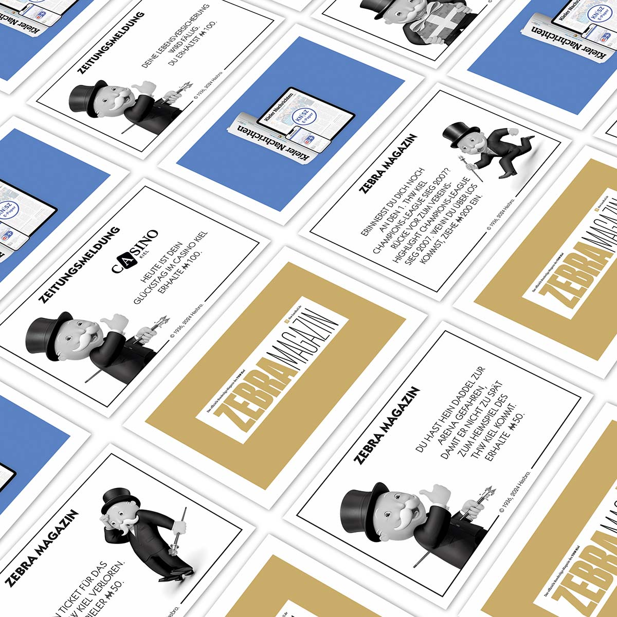 Karten im Monopoly-Stil. Die Karten haben Text und Bilder eines Mannes mit Hut.