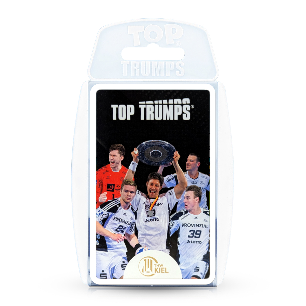 Top Trumps Kartenpackung mit Handballspielern, die einen Sieg feiern.