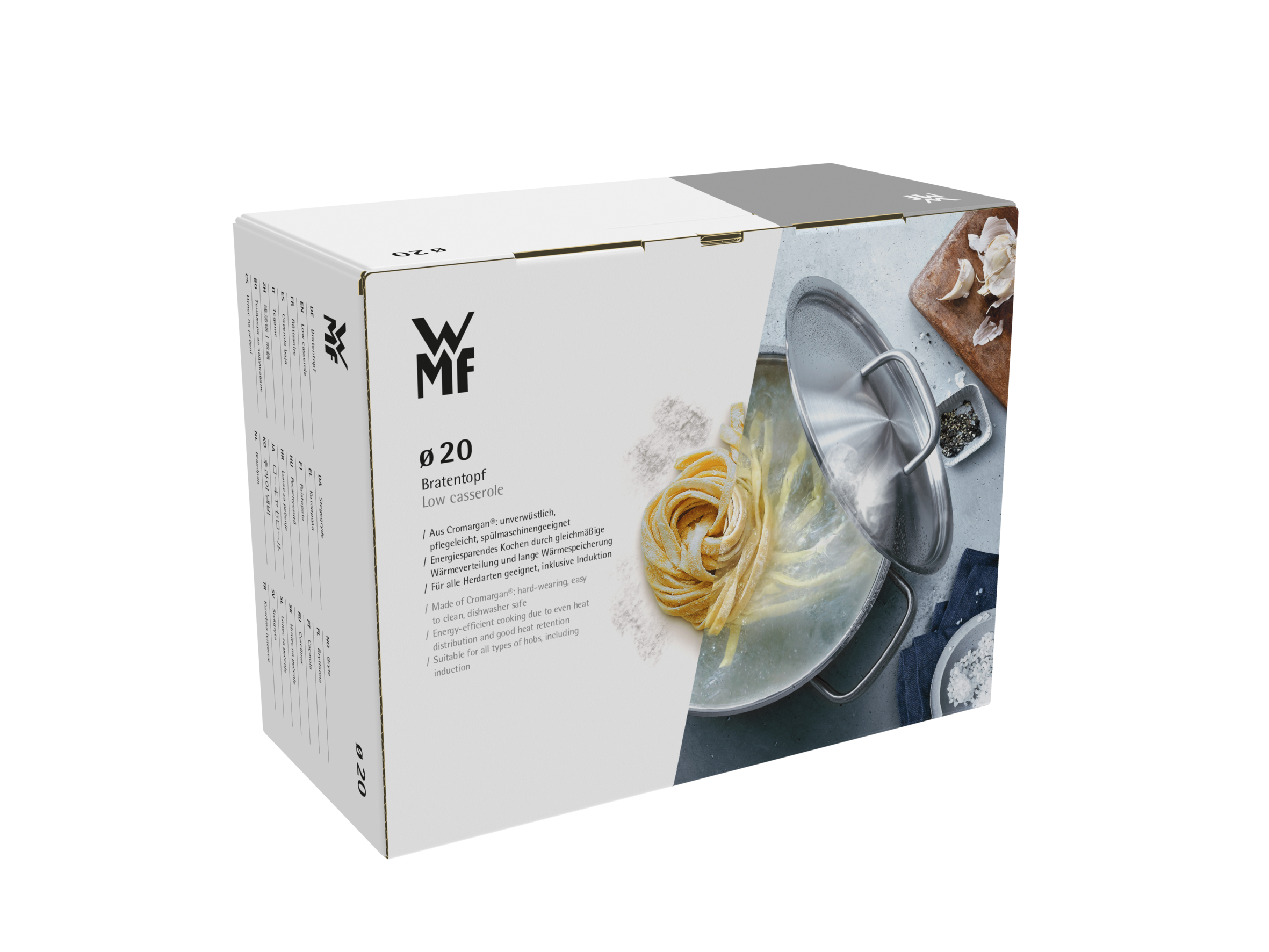 Weiße und graue Box mit Topf- und Pastabild, WMF-Logo und Produktdetails.