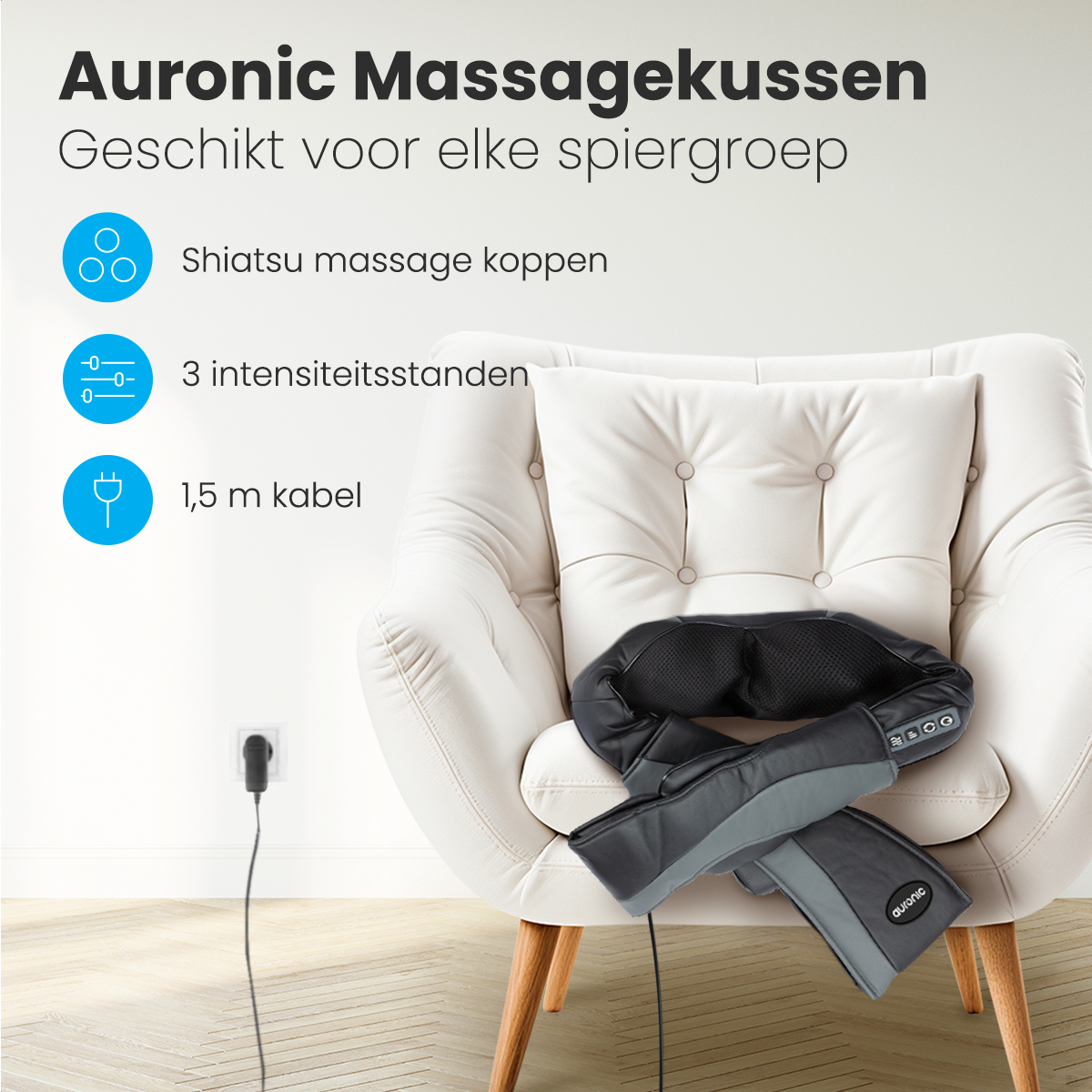 A massage pillow placed on a white armchair. Text describes features: Shiatsu massage heads, 3 intensities.
