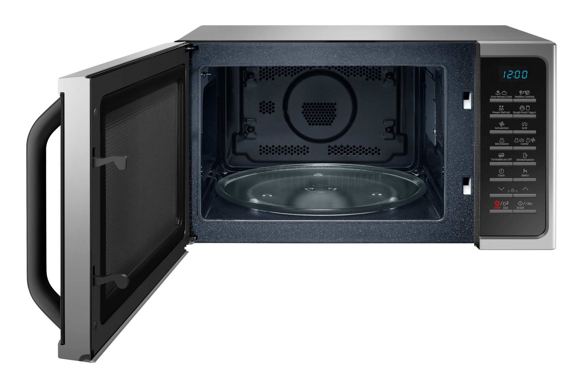 A microwave with an open door, revealing a glass plate inside. The controls are on the right.