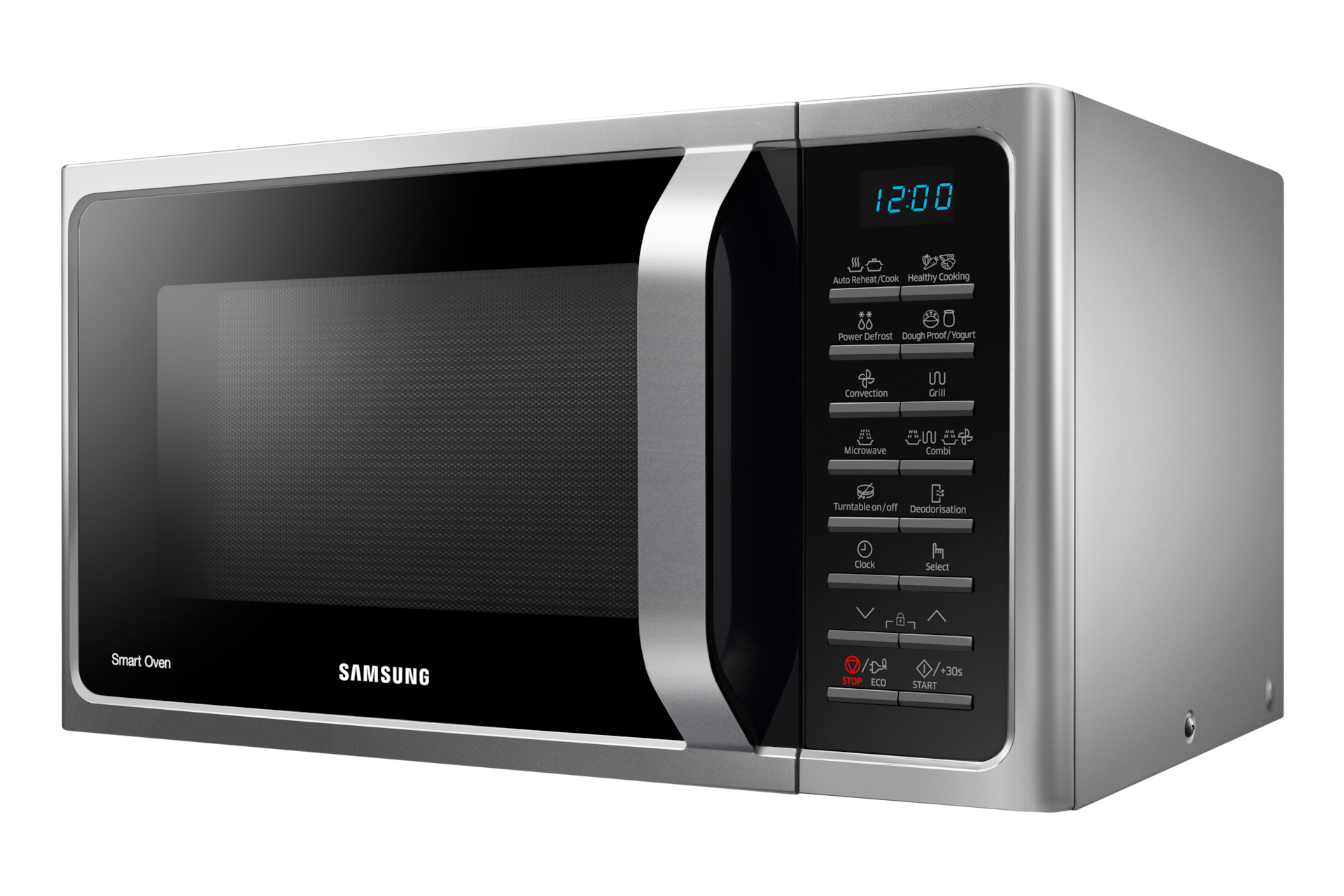 Silver microwave oven with black door and control panel. Clock display and various function buttons are visible.