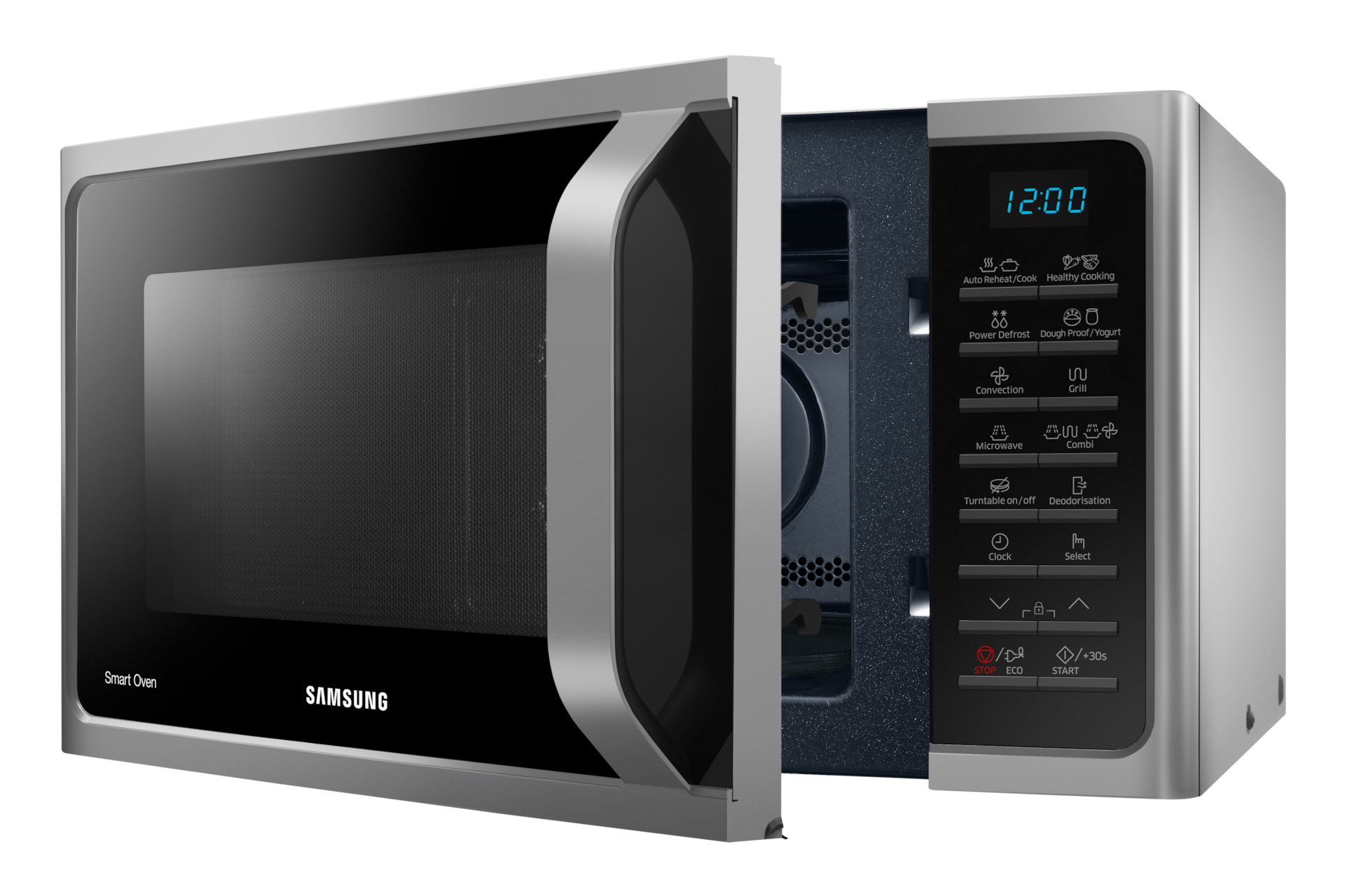 Silver microwave oven with opened door. Inside view. Black background.