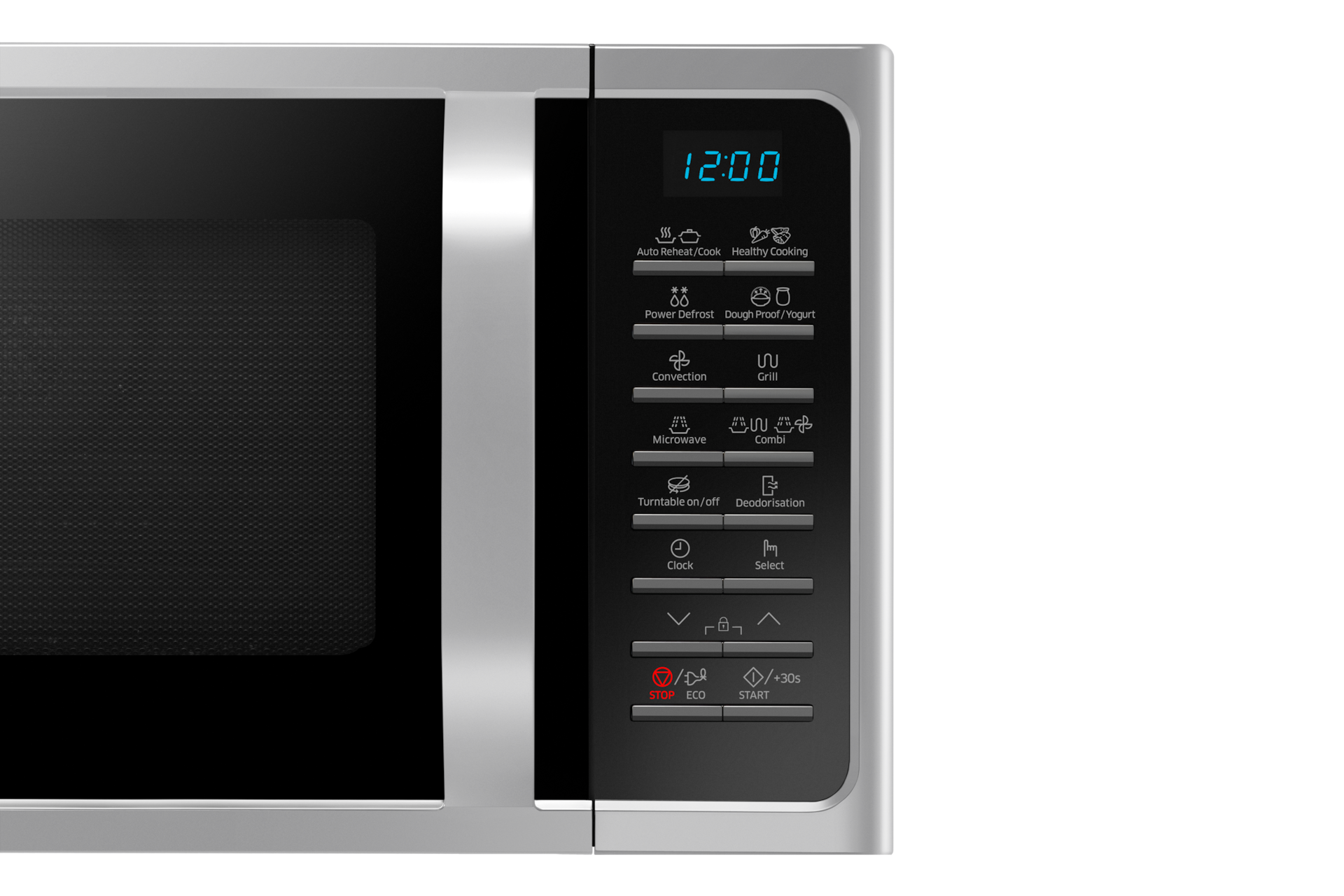 A silver microwave oven with a control panel displaying time and functions.