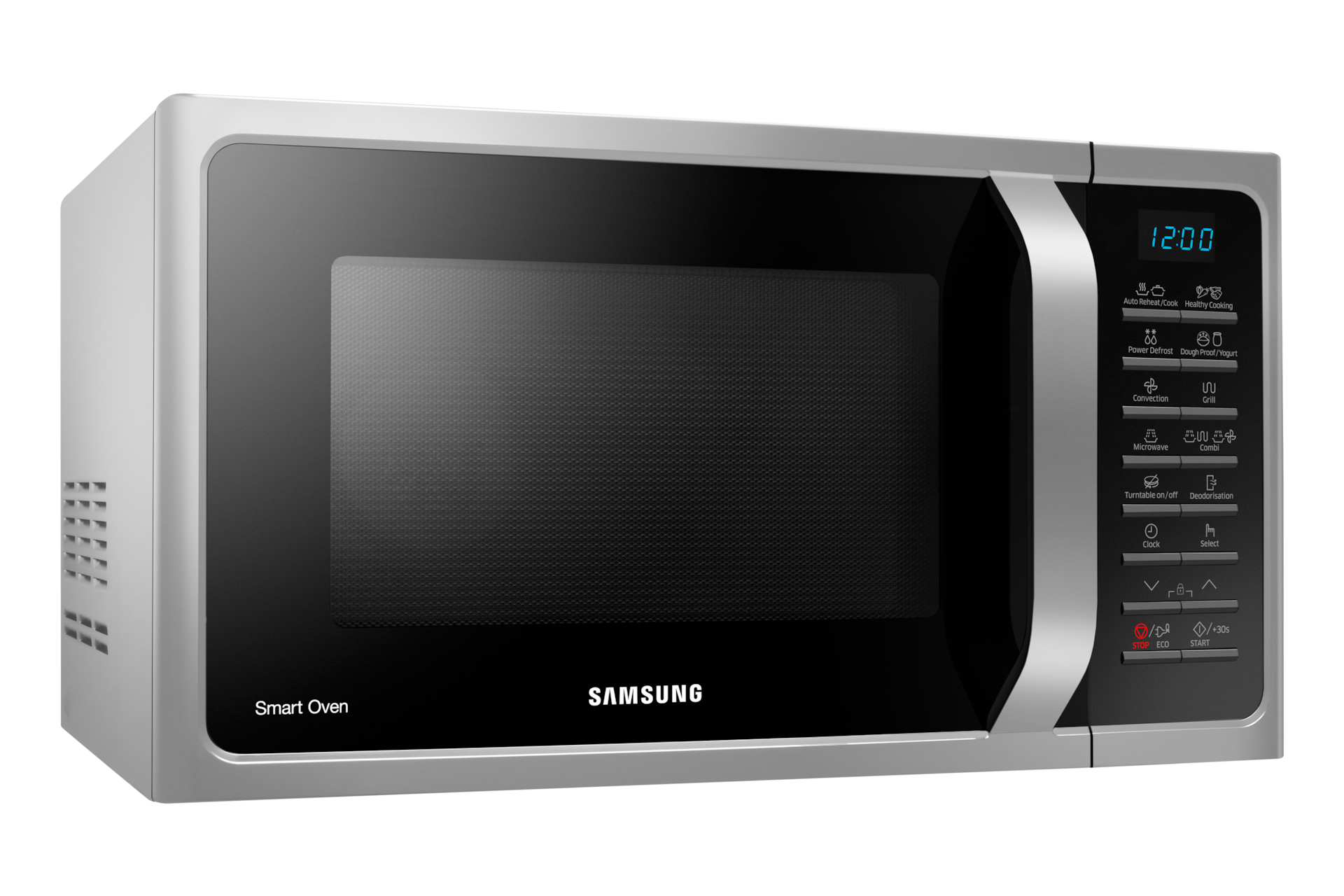 Silver microwave oven with a black door, buttons, and a digital display. The brand SAMSUNG is visible.