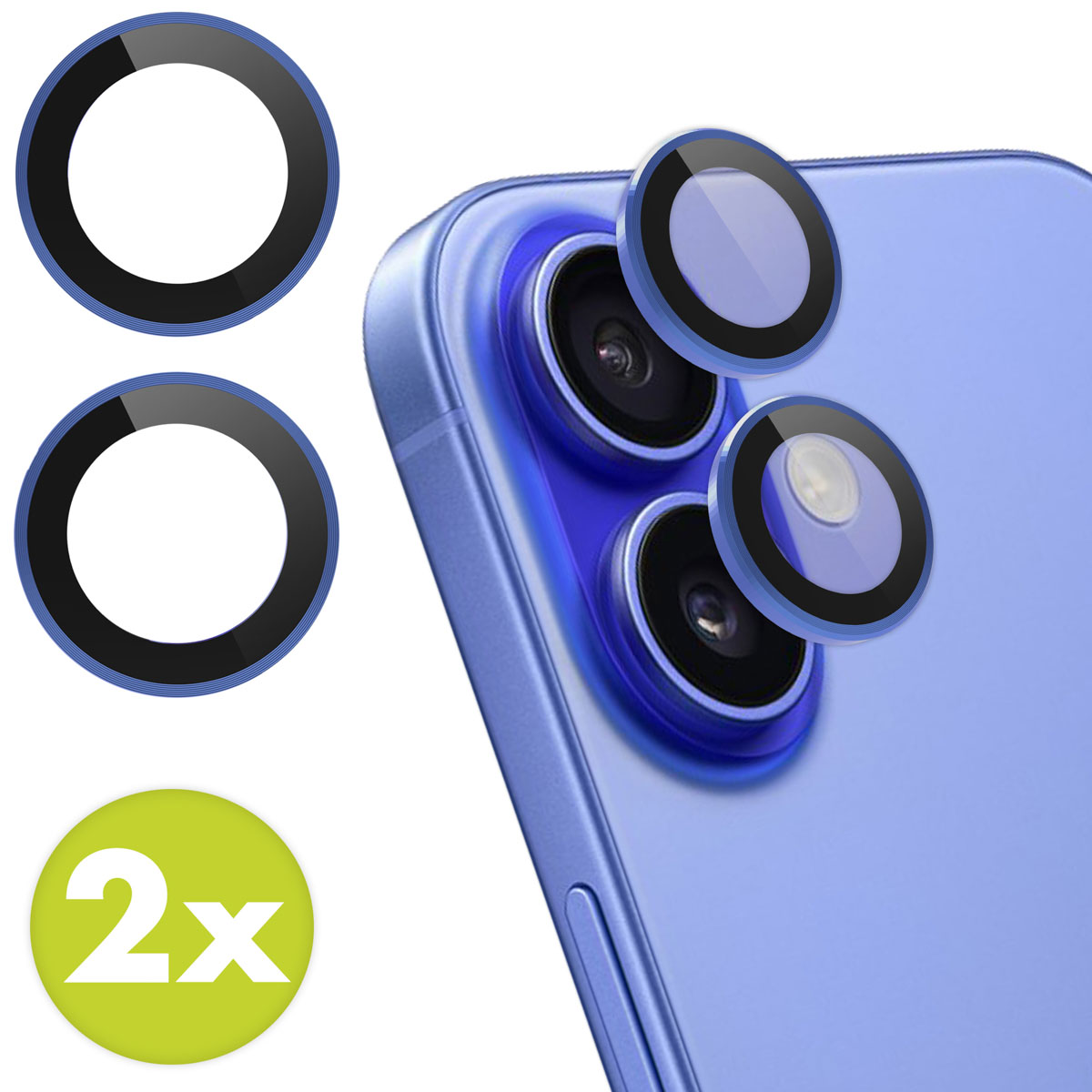 Blauwe iPhone met cameralensbeschermers en een aangehechte 2x sticker.