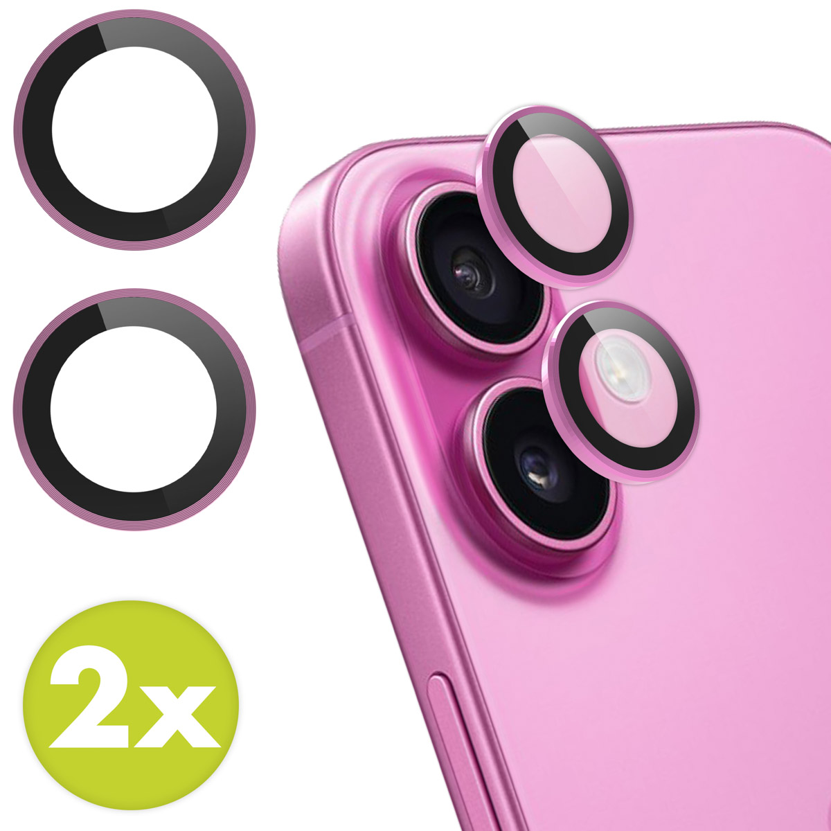 Roze telefoon met cameralensbeschermers en een 2x sticker.