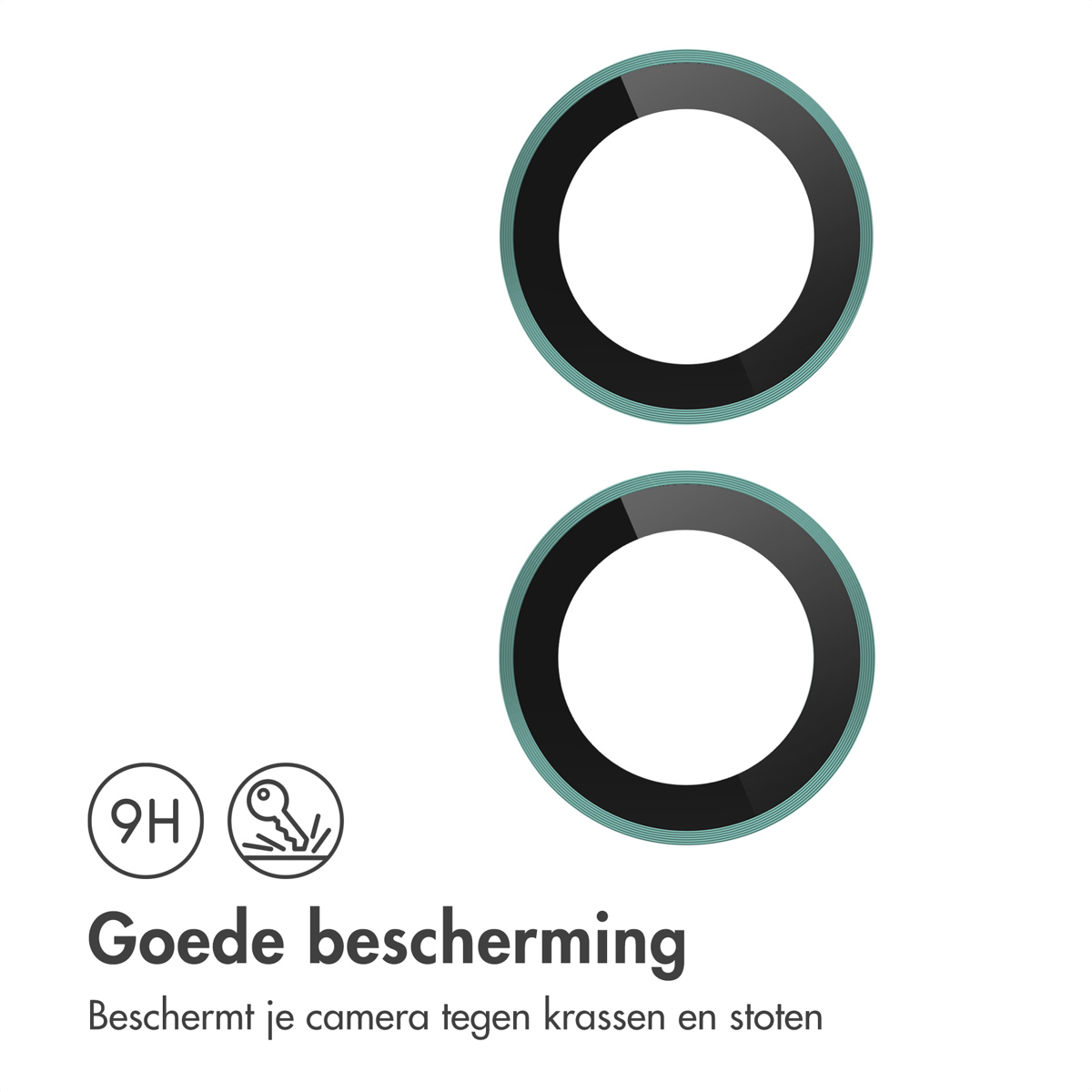 Twee cameralensbeschermers met een 9H-classificatie. De afbeelding toont ook een slotpictogram.