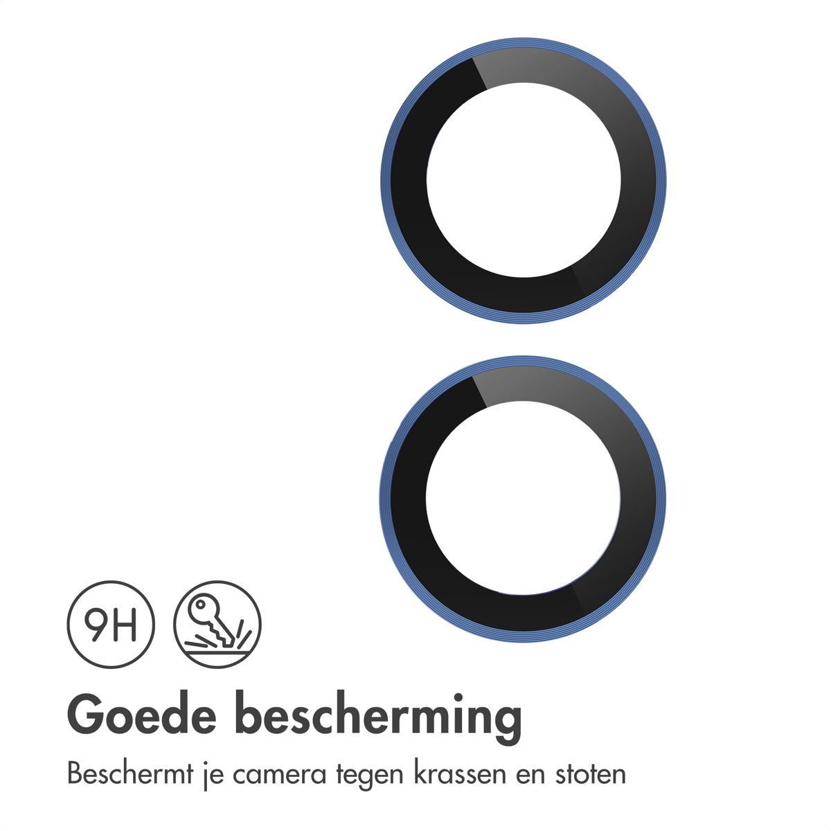 Twee zwarte en blauwe cameralensbeschermers. Tekst: Goede bescherming.