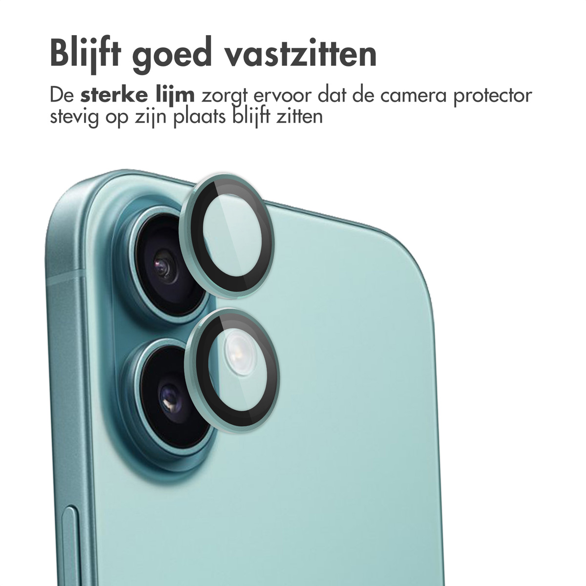 iPhone met gemonteerde cameralensbeschermers. Tekst zegt: 