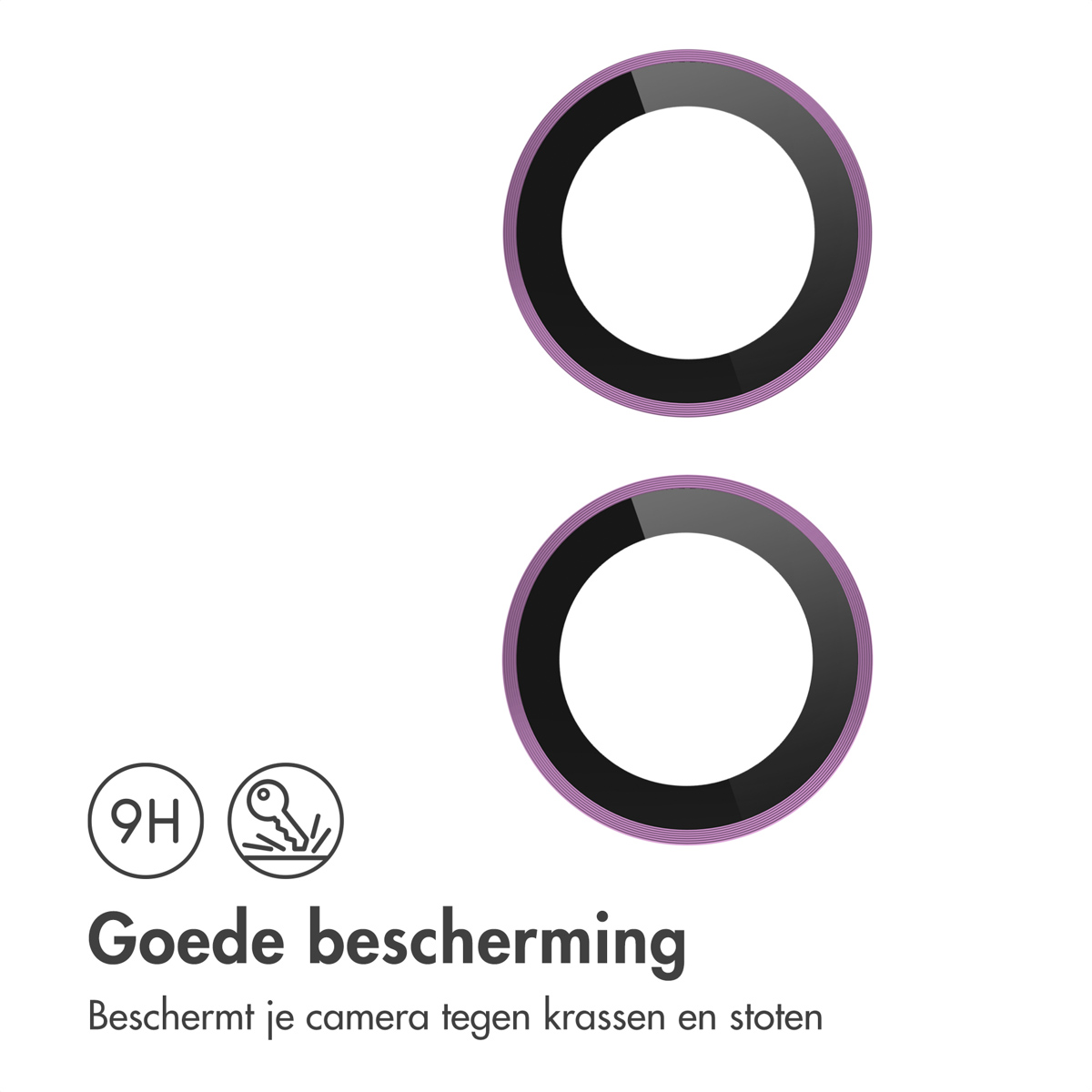 Twee cirkelvormige camerabeschermers met een zwart frame en een paarse ring op een witte achtergrond.