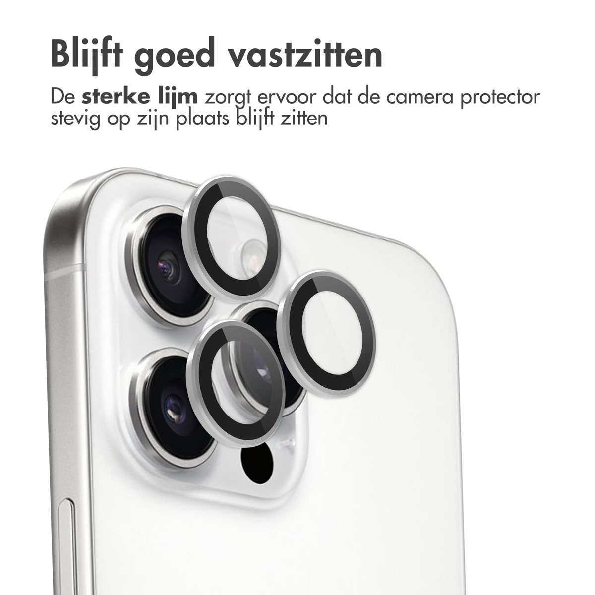 Gros plan d'un téléphone avec des protecteurs d'objectif de caméra. Texte: Reste en place. Cercles noirs sur les objectifs.