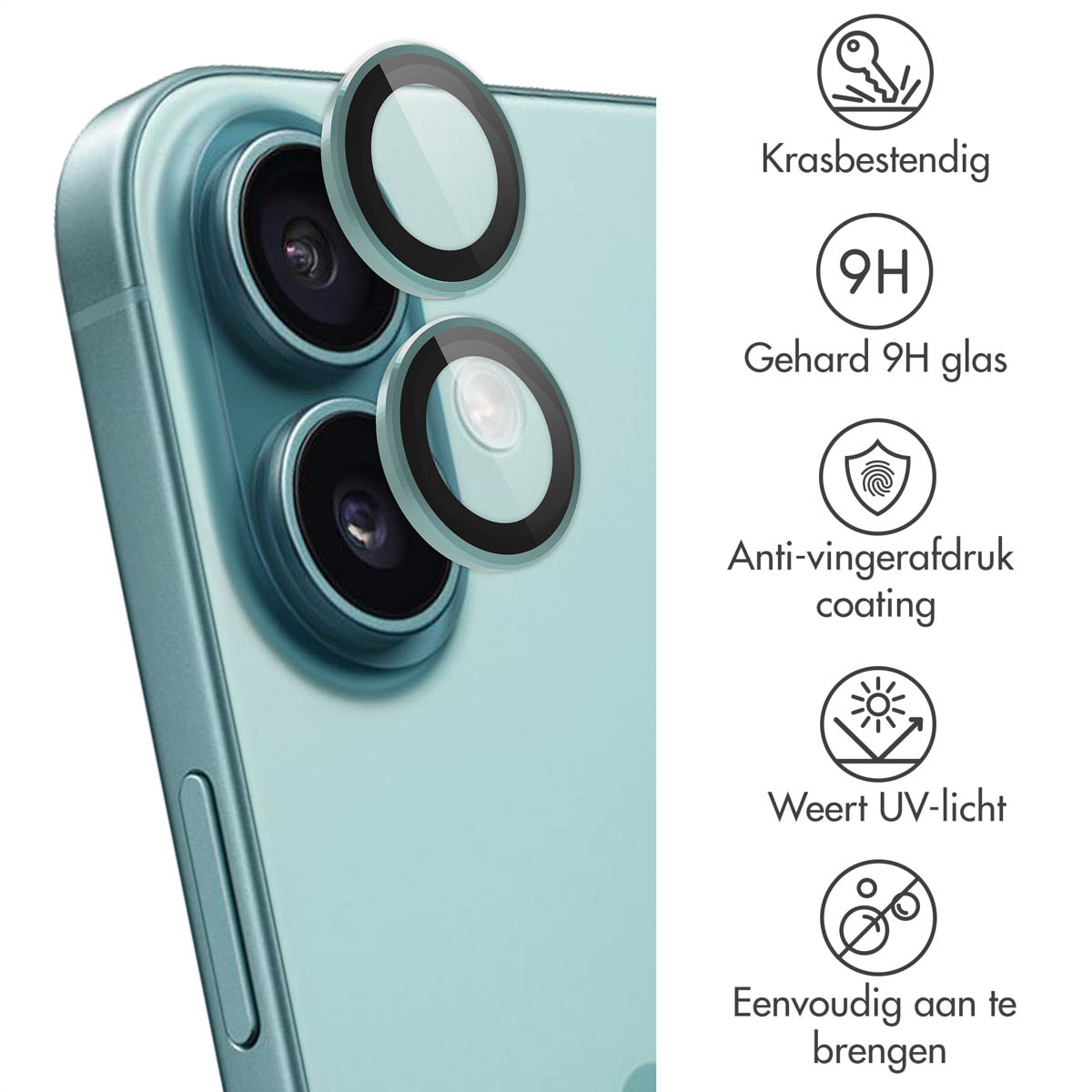 Een telefoon met cameralensbeschermers geïnstalleerd. Tekst: Krasbestendig, 9H glas, anti-vingerafdruk coating.