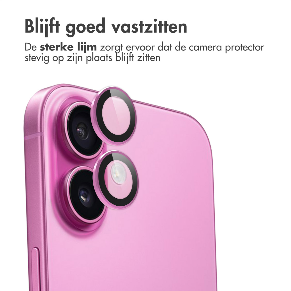 Roze telefoon met camerabeschermers. De beschermers zijn zwart omrande cirkels. Boven: 'Plakt goed'.