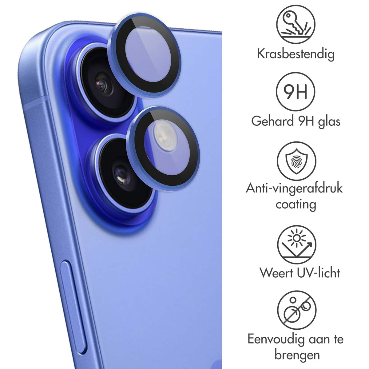 Een telefoon met drie cameralensbeschermers en pictogrammen die functies beschrijven.
