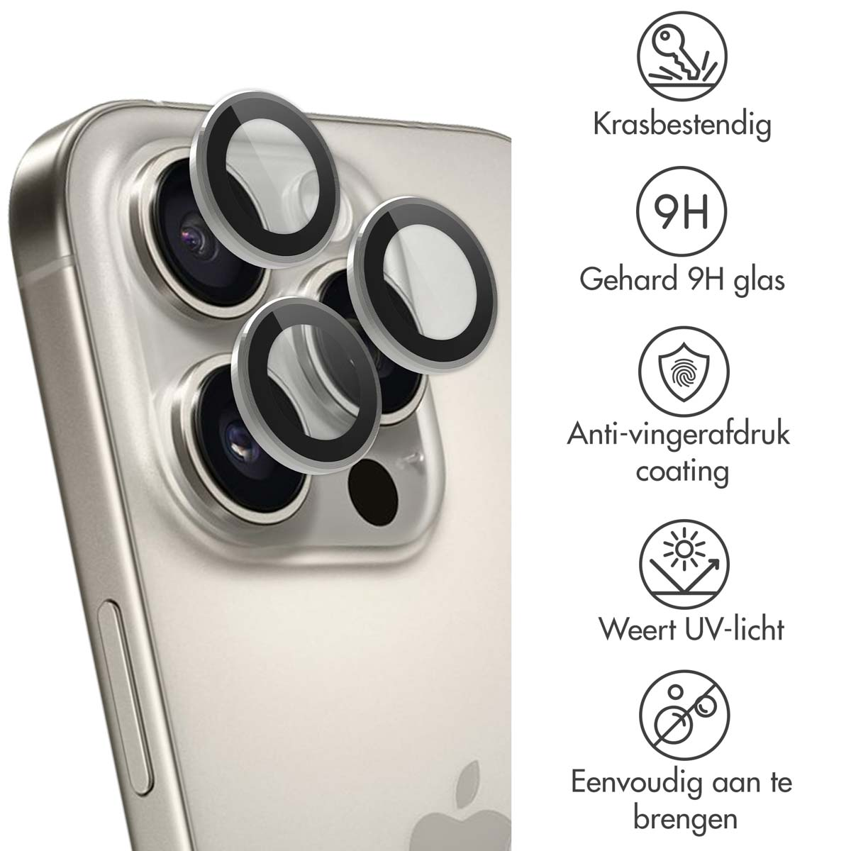 Téléphone avec protecteurs d'objectif. Les protecteurs d'objectif sont des cercles transparents avec des bords noirs.